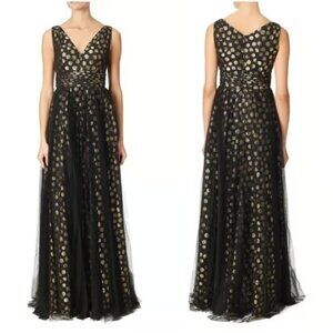 Black and Gold Polka Dot Tulle Gown - Adrianna Papell Floor Length Formal Dress